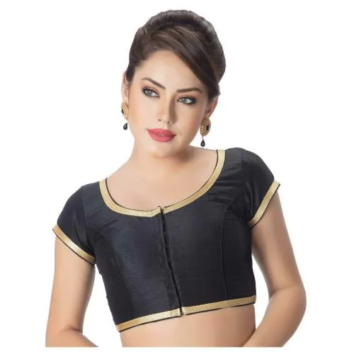 Rinkoo Women's Silk Solid Cap Sleeve Readymade Saree Blouse (R099-BLACK_34_Black_X-Small)