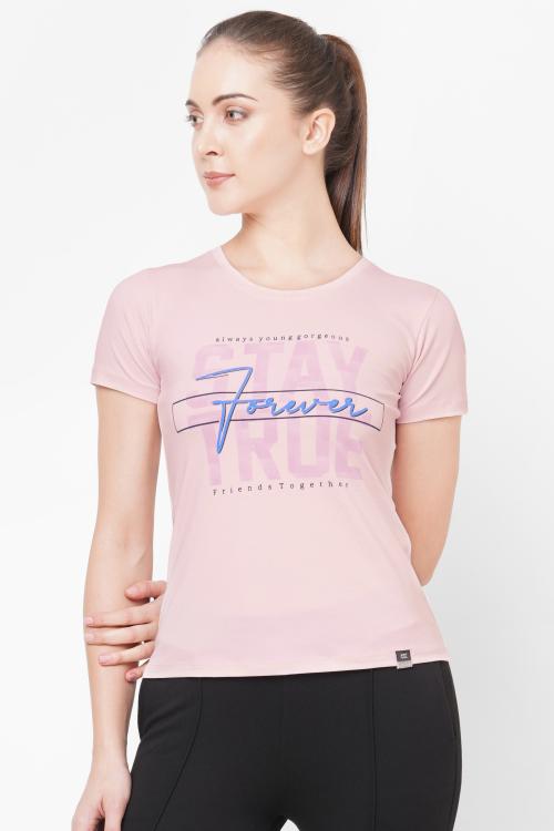 Women's Cotton Lycra Regular fit Typography print on front LIGHT PINK T-SHIRT With Half-Sleeve LLL LAASA