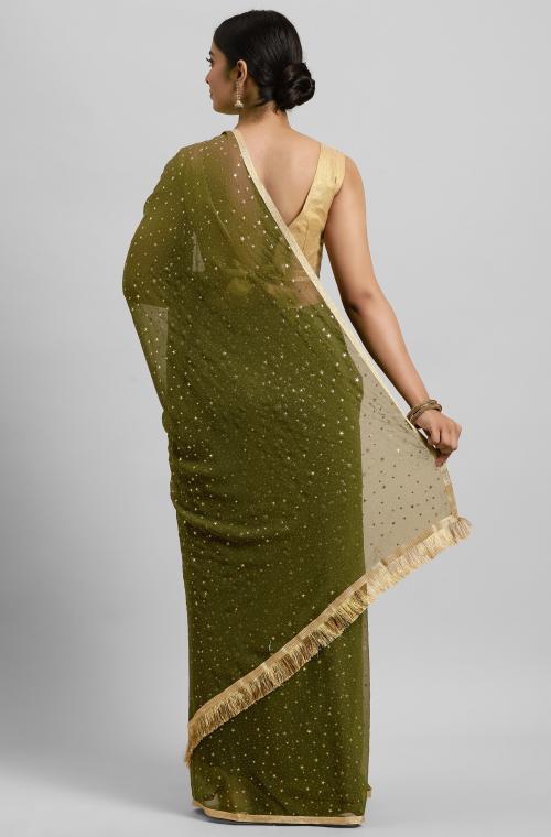 Janasya Women's Green Poly Georgette Printed Saree With Blouse Piece