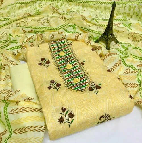 Yours N Hers Stylish Cambric Cotton Moroccan Printed Suit with Mul Cotton Dupatta - Mustard