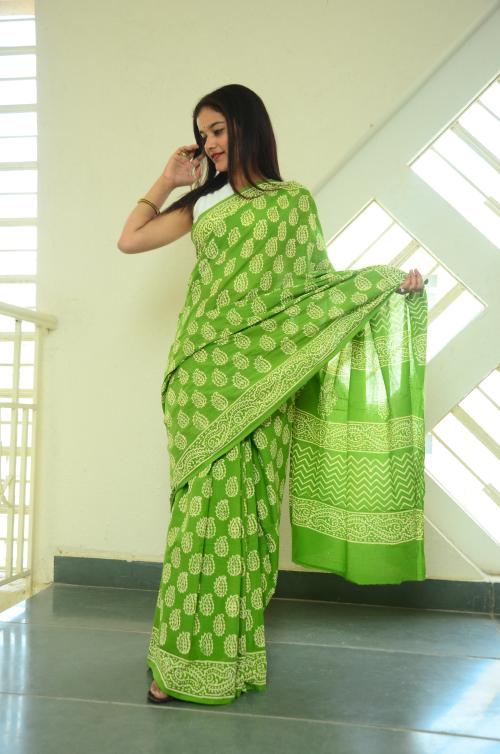 SAIN SISTERS Katchi Kairy Handblock Print Mulmul Cotton Saree