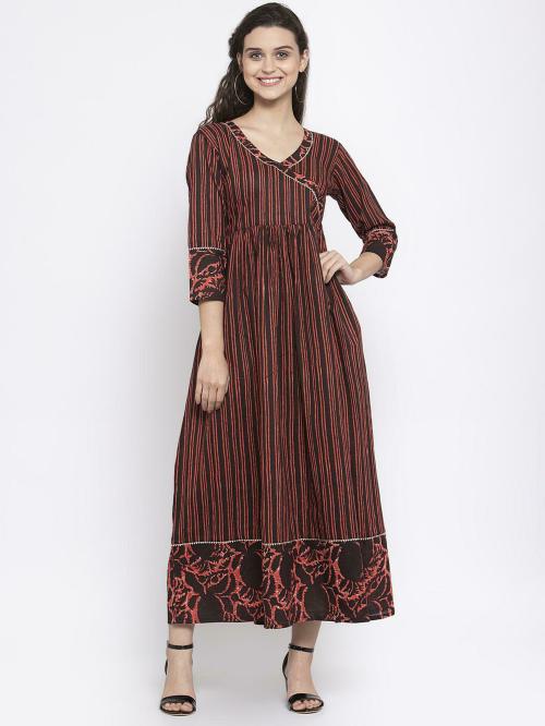 Indibelle Women Coffee Brown Striped Pure Cotton Dress