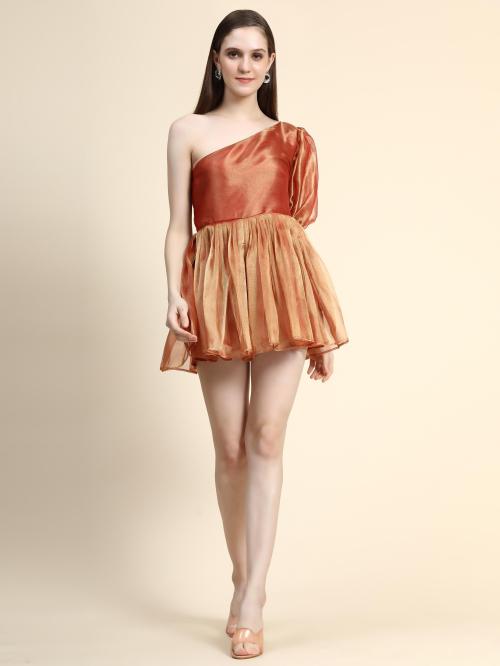 Rujave Women Orange Solid Cotton Silk Fit And Flare Dress (M)