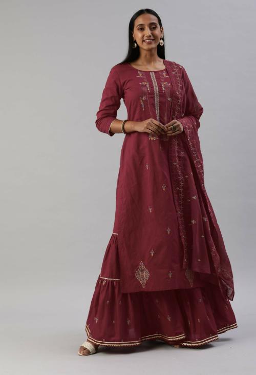 Shewill Women Maroon Embroidered Cotton Blend Kurta And Sharara Set (L)