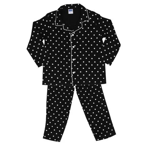 mininest Full Sleeves Unisex Polka Printed Cotton Night Suit - Black 1-2 Years