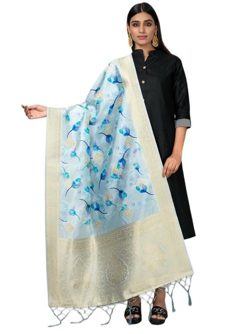 Negchaar Women Sky Blue Printed Ronak Fashion Banarasi Dupatta