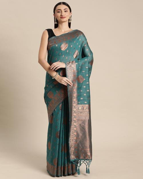 RekhaManiyar Cotton Banarasi Heavy Jecquard Leaf Print Firozi Color saree