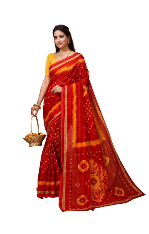 Esena Textiles Women's Bandhani/Chunri Printed 100% Pure Cotton Mul Mul Saree (Red & Yellow)