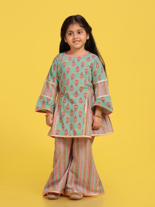 Aj Dezines Sea Green Kids Sea Green Cotton Printed Bell Sleeves A-line Kurta Sharara Set For Girls