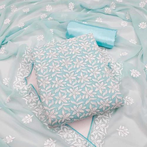 Ashiya Fab Women Light Blue, White Embroidered Georgette Semi Stitched Salwar Suit Material