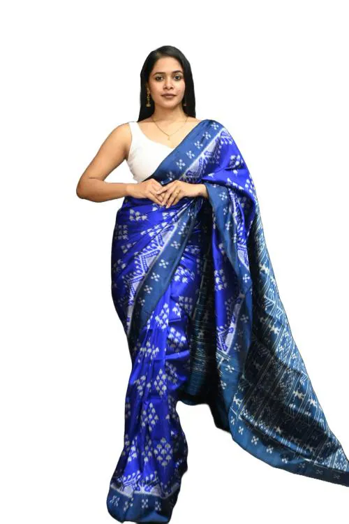 BigRayn Ink Blue Mushroom Pasapali Border Odisha Handloom Sambalpuri Silk Saree - Odisha Weaves