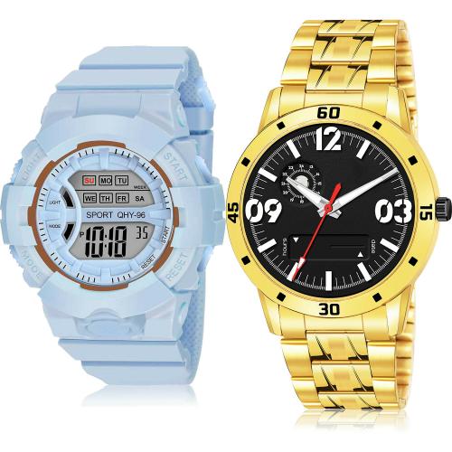 GROOT Best Quartz Digital Kids Watch And Gold Chain Blue And Gold Colour Analog And Digital Plastic And Stainless Steel Belt 2 Watch Combo For Boys And Men - DG34-(20-S-21)