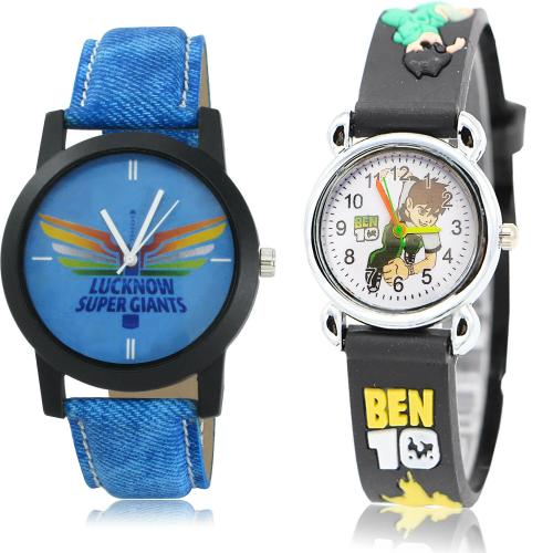 GROOT Modish Casual Lucknow Super Giants (Lsg) Ipl And Ben 10 Kids Blue And Black Colour Analog Genuine Leather And Plastic Belt 2 Watch Combo For Boys And Men - IPL10-BK83