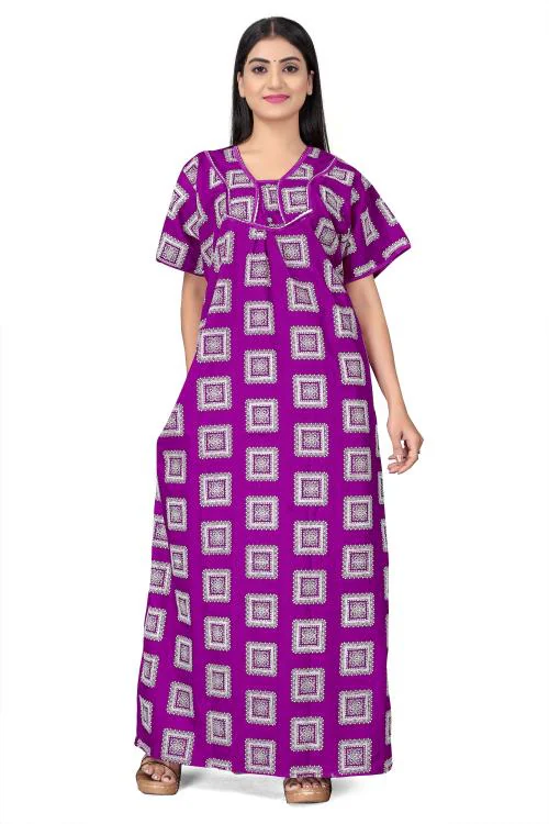 HAUTELOOK Women's Pure Cotton Nighty Arco Square Box Printed Nighty Gown- Magenta Pink-3XL