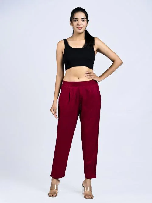 Mirayya Cotton Ankle Fit Trouser Pants for Women & Girls | Women Cotton Pant Trouser Regular Fit with Two Pocket for Office School Formal Casual Daily Use -Maroon