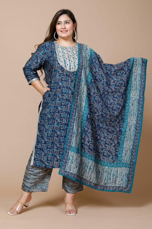 MADAM PLUS Women's Muslin Suit Set (3 Piece) | Kurta Set with Pant and Dupatta | Ethnic Wear Suit Set for Plus Size Women