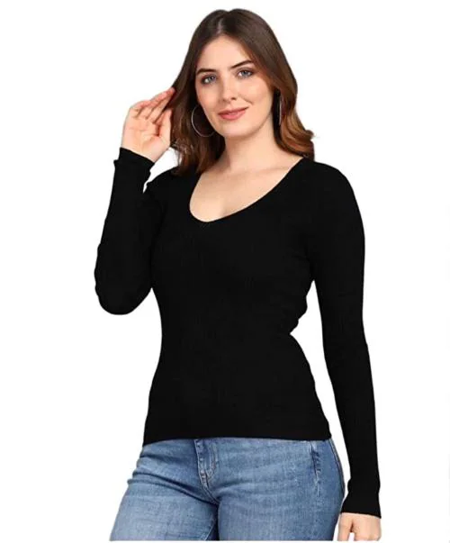 TENILA Women's Full Sleeves Round Neck Outfit With Trendy Black Solid Color