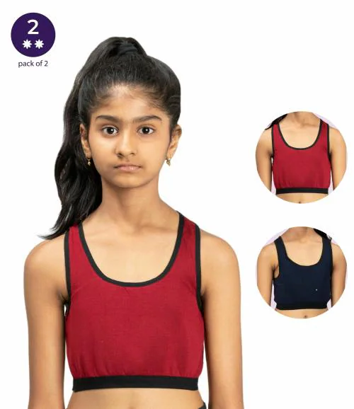Adira | Best Sports Bra For Teenage Girl | Training Bra | Flat Padding For Nipple Coverage | Full Support Racer Back | Confidence For Sports | Soft Modal | Pack Of 2 | Maroon & Navy Blue | XS