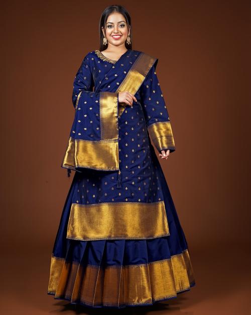HALFSAREE STUDIO Navy Blue Banarasi silk Lehenga with Kurta design