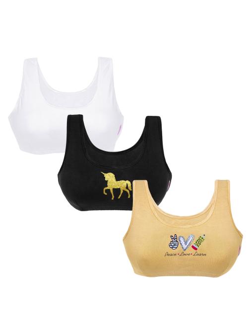 Dchica Pack of 3 Non-Wired, Non Padded Beginner Bras For Girls Skin, Black & White Peace & Unicorn Themed
