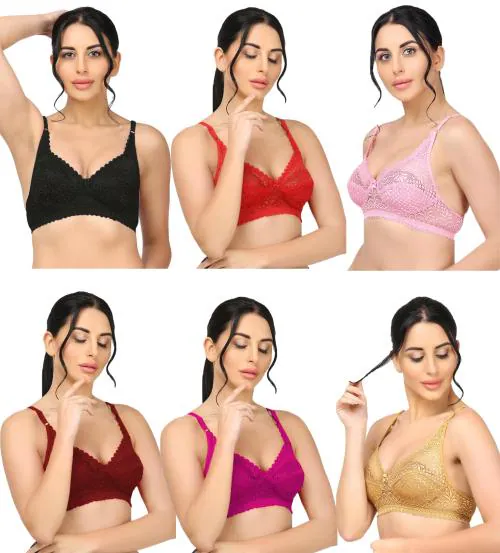 LAK 18 Women's Non-Padded Full Coverage Net Bra Set (PACK OF 6) - MULTICOLOR-SIZE-36