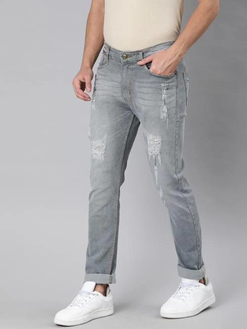 Urbano Fashion Men's Light Grey Slim Fit Heavy Distressed/Torn Jeans