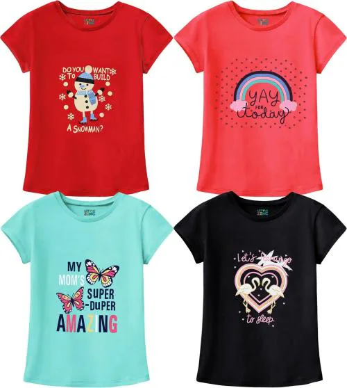 Little Zing Girls Multicolor Pure Cotton Printed Pack Of 4 T Shirt | Girls tshirt | Kids Tshirt | Kids Wear | Tshirt for Girls | Baby Clothes | T shirt for Girls | Girl T-shirt