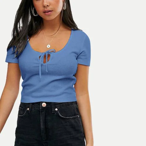Rad Prix Women Blue Ribbed Keyhole Crop Top
