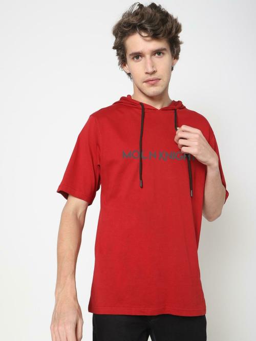 Bewakoof Men's Red Moon Knight Back Graphic Printed Hooded Neck Short Sleeve Oversized T-shirt