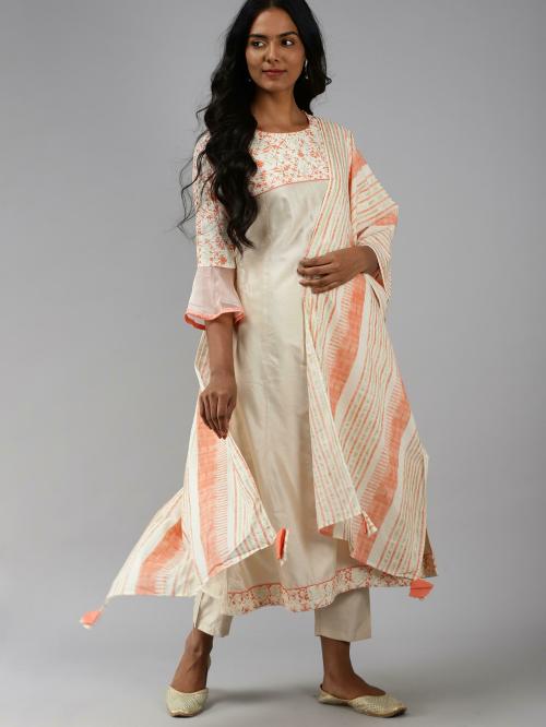 Indo Era Off White Floral Printed A-line Kurta Palazzo With Dupatta Set
