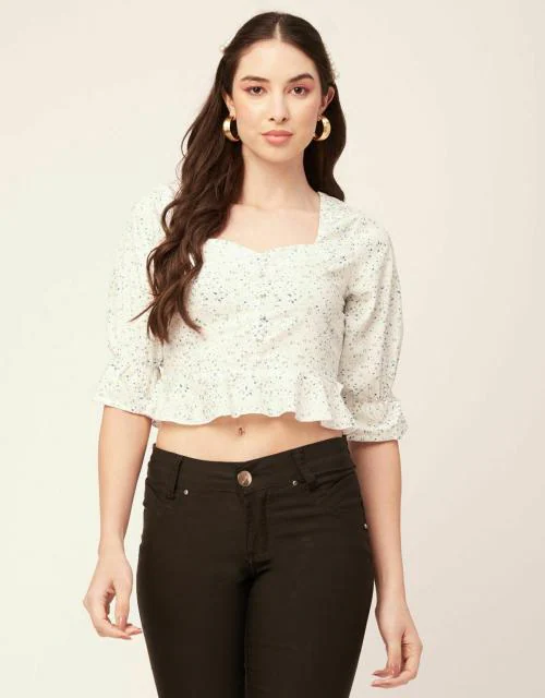 Moomaya Women Short Top Sweetheart Neck Elbow Sleeves Crop Top