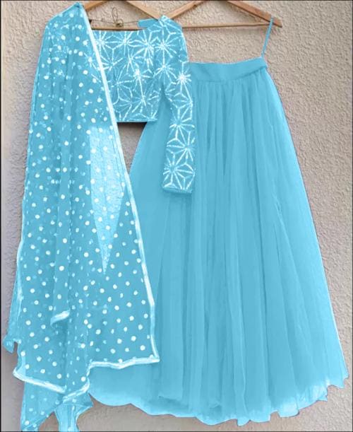 Omstar Fashion New Designer Women Sky Blue Net Lehenga And Embroidered Lehenga Choli And Dupatta Set