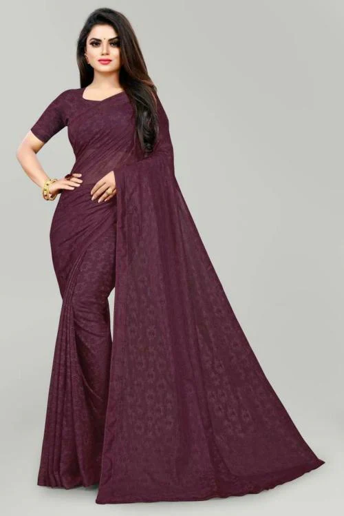 VANRAJ CREATION Women Maroon Self Design Net Saree
