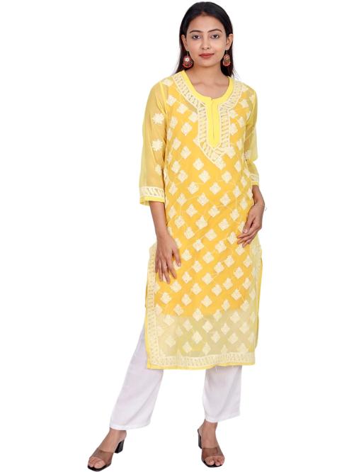 Sparkee Darkee Women Yellow Embroidered Georgette Kurta (S)