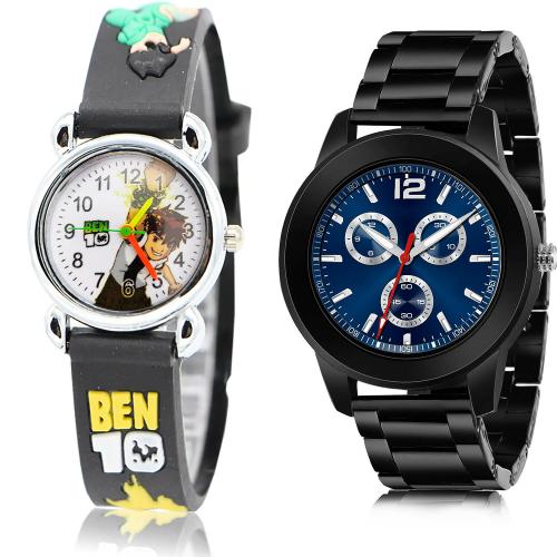 NIKOLA Classical Fancy Ben 10 Kids And Black Chain Black Colour Analog Plastic And Stainless Steel Belt 2 Watch Combo For Boys And Men - BK82-(71-S-20)