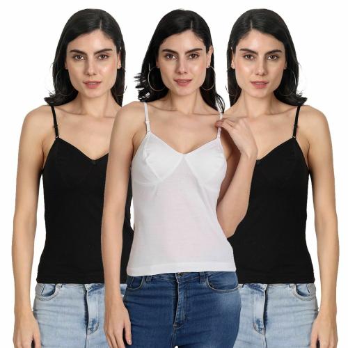 Aimly Women's Regular Fit Sleeveless Cotton Bra Cum Camisole Slip Spaghetti Black White 4XL Pack of 3