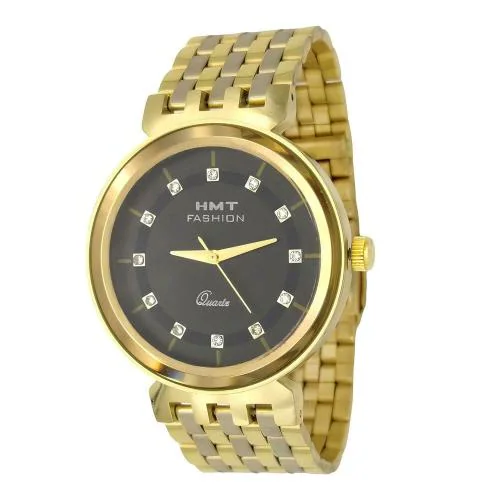 HMT FASHION Black Dial Golden Stainless Steel Bracelet Quartz Wrist Analogue Watch for Men and Boys G1560B