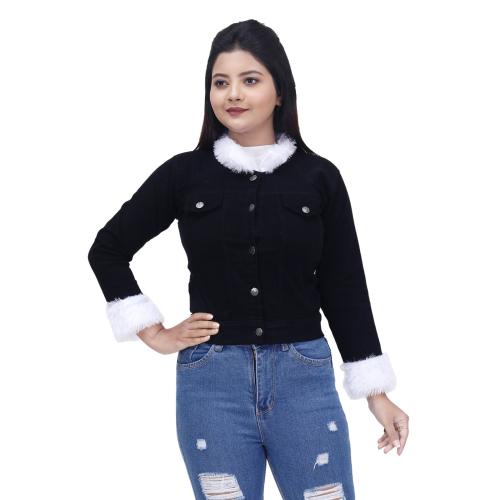 CLOTERI womens Welt Side Pockets White Fur Lined Denim Jacket ( Black-Size-XL)
