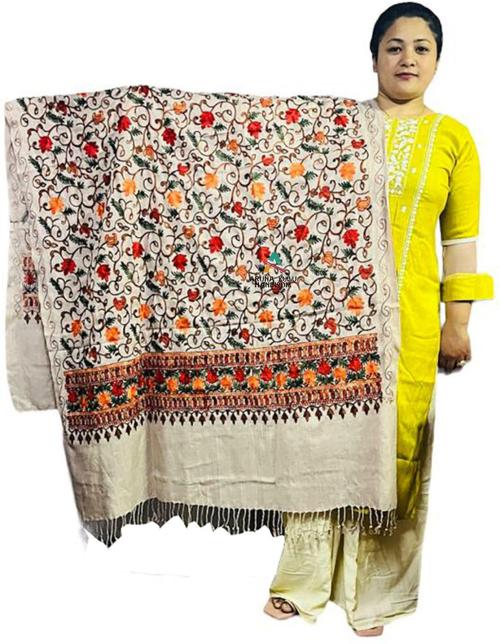 ARUNA KULLU HANDLOOM Women's Kashmiri Aari Embroider Floral pure wool Shawls off white (Pack of 1)