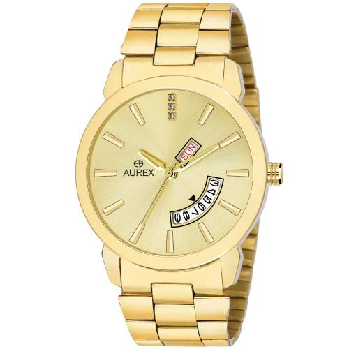 Aurex Analog Golden Dial Gold Ion Plated Bracelet Day & Date Watch For Men - (Ax-Gr1188-Glg)