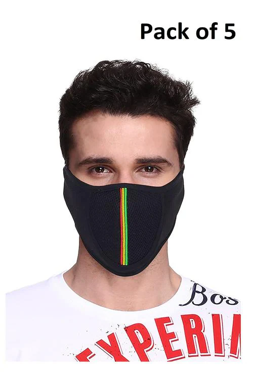 FASHNO Men's Bike riding Cotton Mask Black Color Mask, (Pack Of 5)