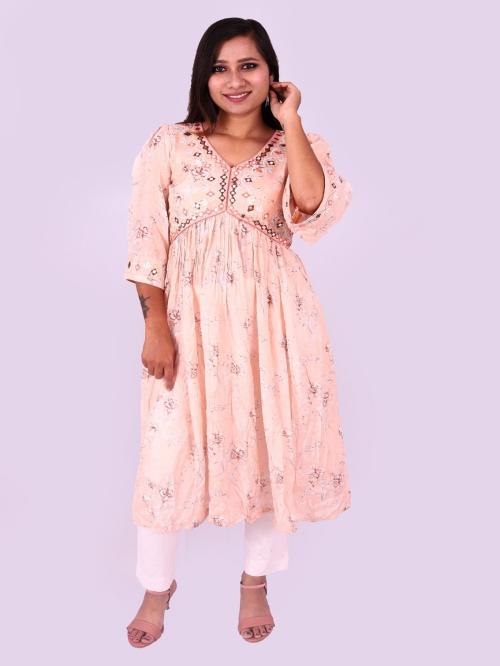 Weavers Saga Printed Muslin Silk Embroider Aliya Style Kurta, Womens Silk Kurta For Women- Peach, (Pack Of 1)-L