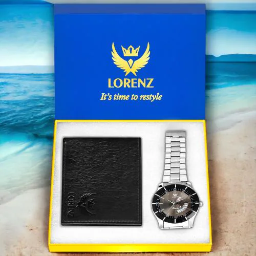 Lorenz Grey Dial Watch and Black Wallet Combo for Men- CM-1090WL-BLK
