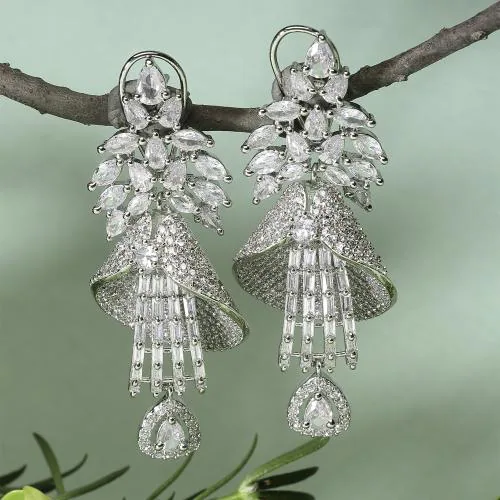 ZENEME Rhodium-Plated White American Diamond studded Quikry Drop Earrings