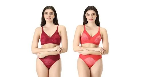 Bra & Panty Set Self Design Red and Maroon Lingerie Set