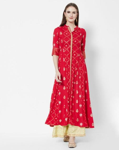 VEDIC Women Red Printed Rayon Flared Kurta with Palazzo (L)