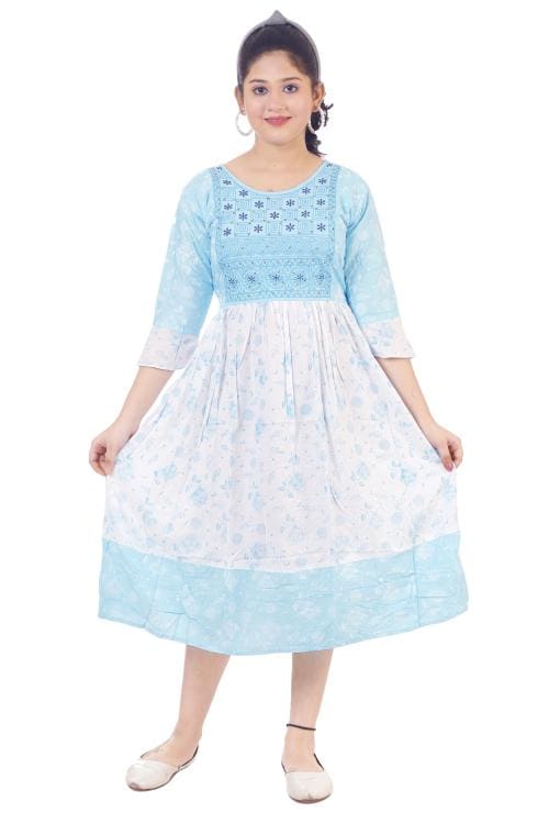 ANG FASHION Girls Rayon Traditional Rose Printed Midi Long Dress