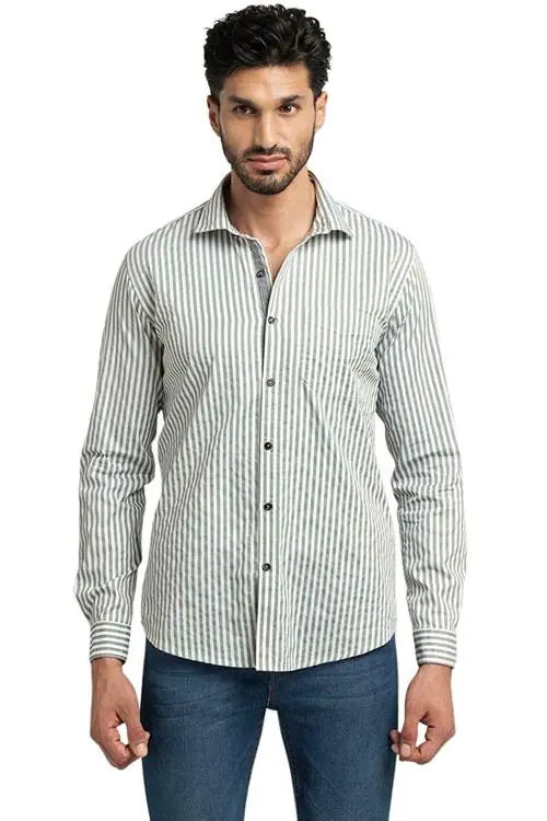 PURPLEMANGO THE FRUIT OF FASHION Men Grey Striped Pure Cotton Casual Shirts (L)
