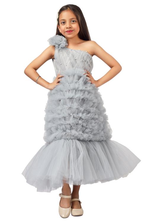 Modish Straight Cut frilled Pastel Grey color Partywear one shoulder dress for Girls in net and soft cotton