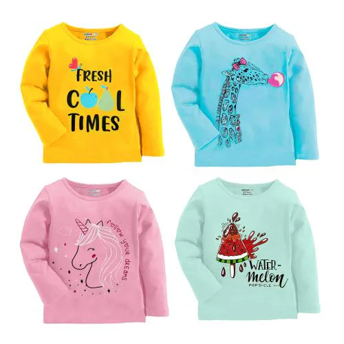 KUCHIPOO Full Sleeves Girls T-Shirt, Pack of 4, Multicolor | Tshirt | Kids Wear | T shirt for kids | Girls t tshirts | T shirt for Girls | T shirt | Girl T-shirt | T-shirt Girls